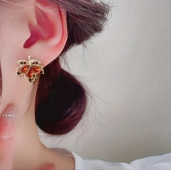 Red Leaf Stud Earrings - Picture 2 of 3